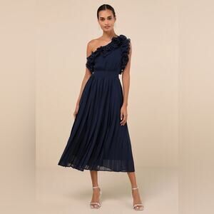 Lulus Splendid Charisma Navy Ruffle Pleated One-Shoulder Dress Party Flowy Large